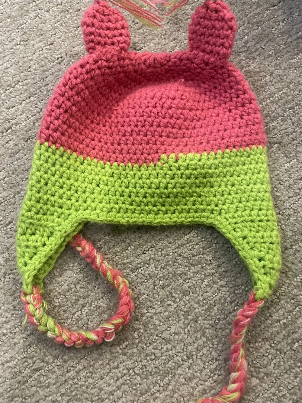 Handmade Crochet Owl Earflap Beanie in Pink & Lime Green